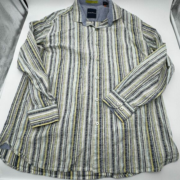 TOMMY BAHAMA | Men's XL Button Up Shirt White Blue Yellow Vertical Stripe Floral - Picture 3 of 11